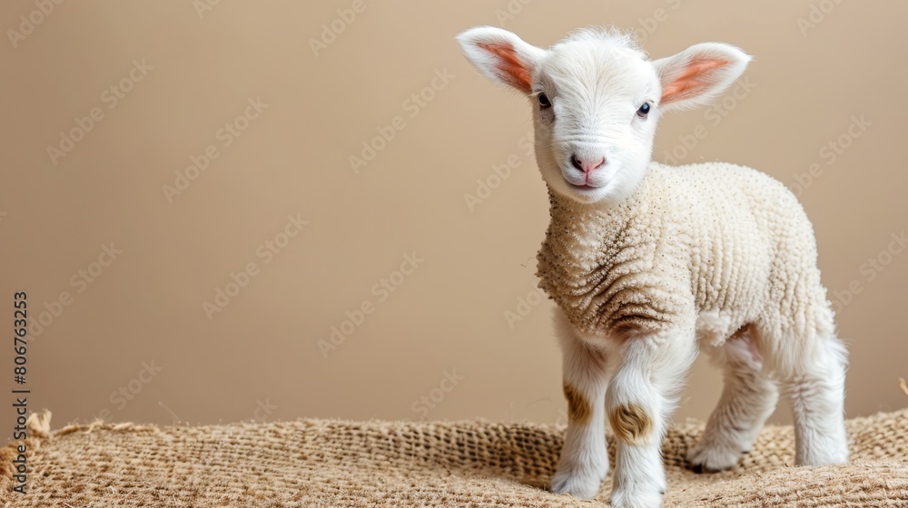 Fototapeta premium A baby lamb atop burlap mound, near brown wall in room