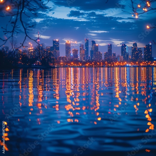 Toronto skyline at dusk with a beautiful reflection on the lake photo