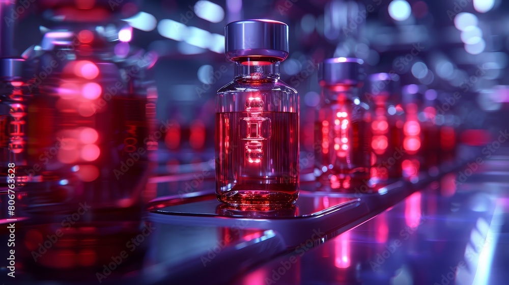 Illustrate the future of medicine through a detailed close-up of refined pharmaceutical packaging Emphasize the precision of liquid-filled vials Illustrate the future of medicine through a detailed close-up of refined pharmaceutical packaging Emphasize the precision of liquid-filled vials