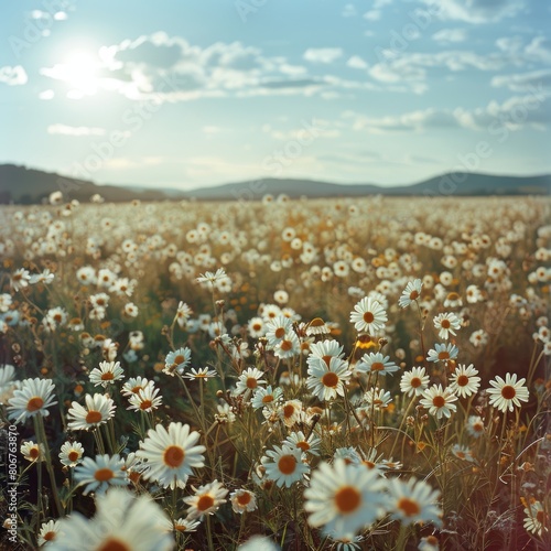 field of daisies under blue sky with white clouds