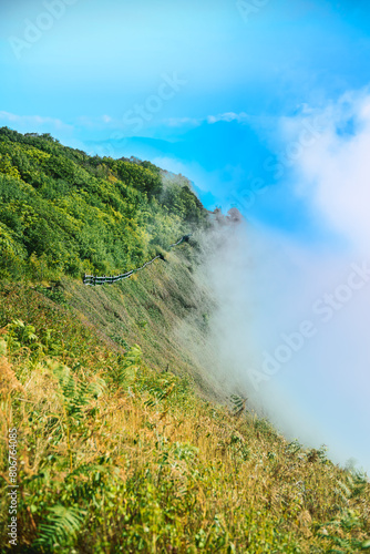 Natural scenery of mountain ranges with mist covered in winter at Kiew Mae Pan Nature Trail photo