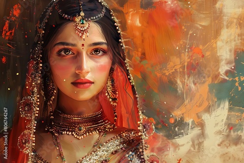 beautiful indian girl portrait in traditional costume and kundan jewelry vibrant cultural heritage oil painting photo