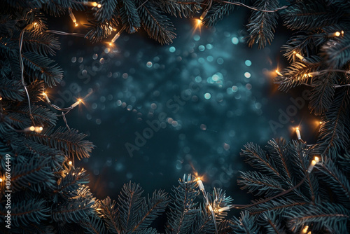 Beautiful fairy lights pattern with tree branches around the frame with blank center for background