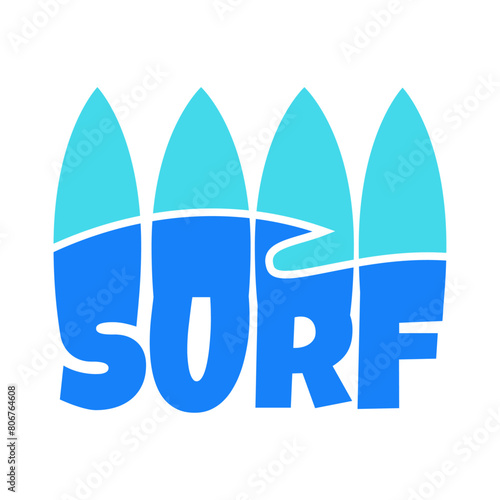 Logo club de surf. Silueta de tablas de surf formando la palabra surf con olas de mar en su interior formando paisaje marino