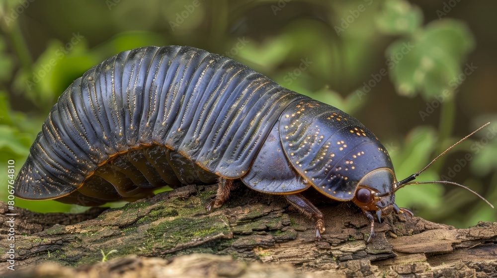   A detailed shot of a bug perched on a tree branch against a backdrop of green foliage, softly blurred background