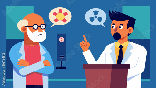 A scientist debating with a government official trying to warn them about the real consequences of ignoring the doomsday clock..