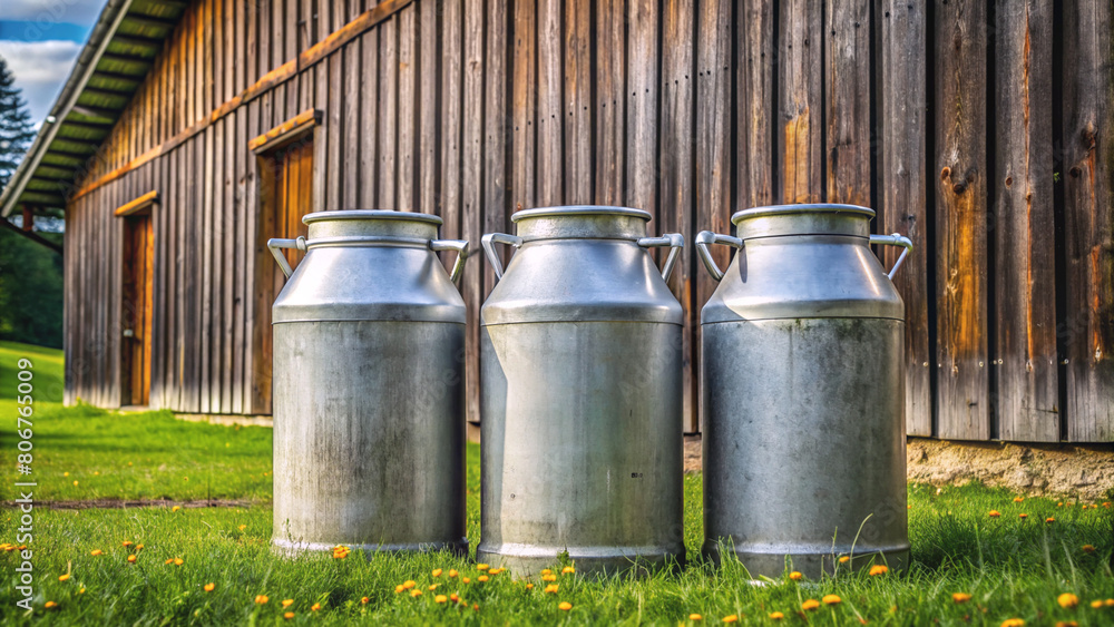 Gleaming milk cans standing proudly by a home dairy farm. The image encapsulates the charm of countryside living and the freshness of farm produce. Gleaming milk cans standing proudly by a home dairy farm. The image encapsulates the charm of countryside living and the freshness of farm produce.