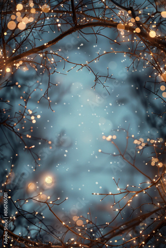 Beautiful fairy lights pattern with tree branches around the frame with blank center for background