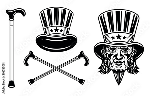 American uncle Sam head in cylinder hat and other attributes set of vector objects. Illustration in monochrome black style on white background