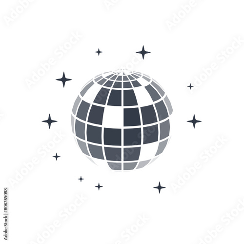 Disco ball vector in 3d style isolated on white background. Vector 3d disco ball background with stars and glitter. Music dance illustration.