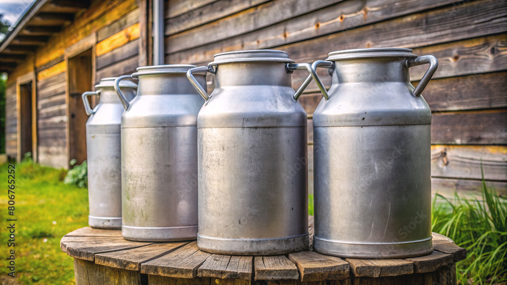 Gleaming milk cans standing proudly by a home dairy farm. The image encapsulates the charm of countryside living and the freshness of farm produce. Gleaming milk cans standing proudly by a home dairy farm. The image encapsulates the charm of countryside living and the freshness of farm produce.