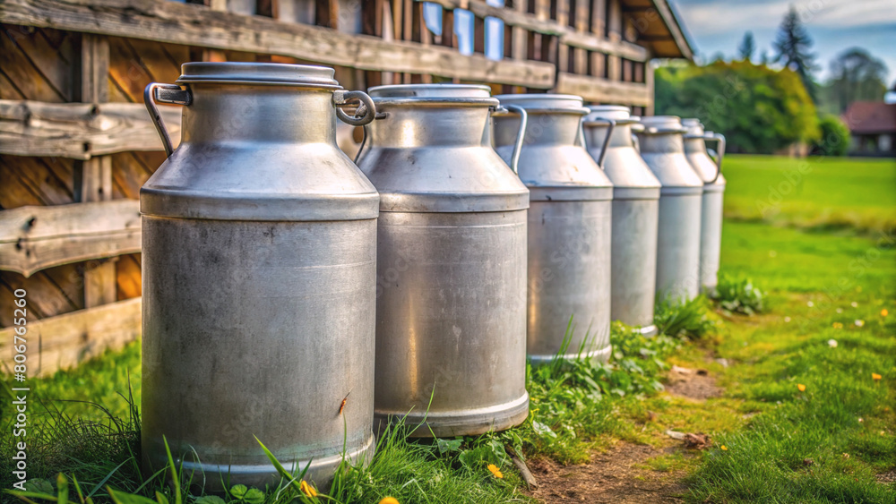 Gleaming milk cans standing proudly by a home dairy farm. The image encapsulates the charm of countryside living and the freshness of farm produce. Gleaming milk cans standing proudly by a home dairy farm. The image encapsulates the charm of countryside living and the freshness of farm produce.