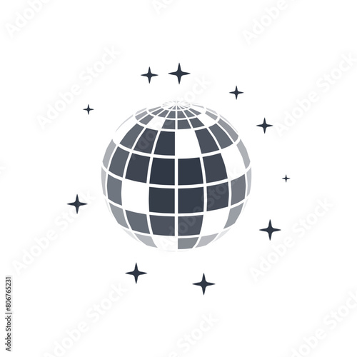 Disco ball vector in 3d style isolated on white background. Vector 3d disco ball background with stars and glitter. Music dance illustration.