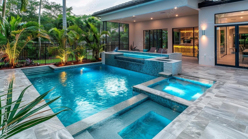 tropical oasis pool with modern design featuring a blue building, brown chair, and black fence
