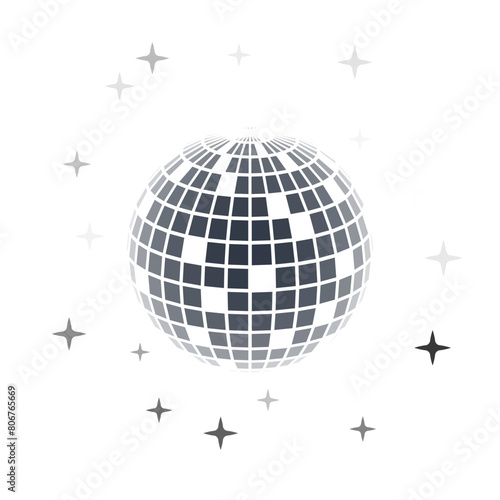 Disco ball vector in 3d style isolated on white background. Vector 3d disco ball background with stars and glitter. Music dance illustration.