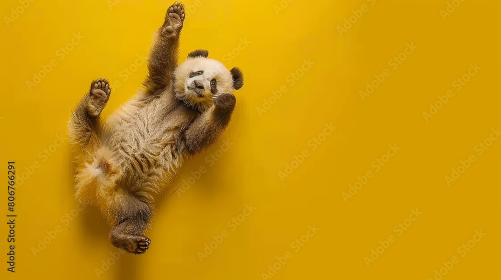 Fototapeta premium A brown-and-white panda lies on its back, supporting itself with its back legs Its paws are elevated