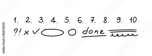 Doodle checklist numbering. List of handwritten numbers with dots. Hand drawn scribble numbers