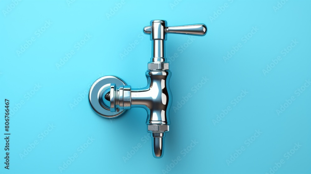 A shiny chrome faucet gleaming against a vibrant blue backdrop A shiny chrome faucet gleaming against a vibrant blue backdrop