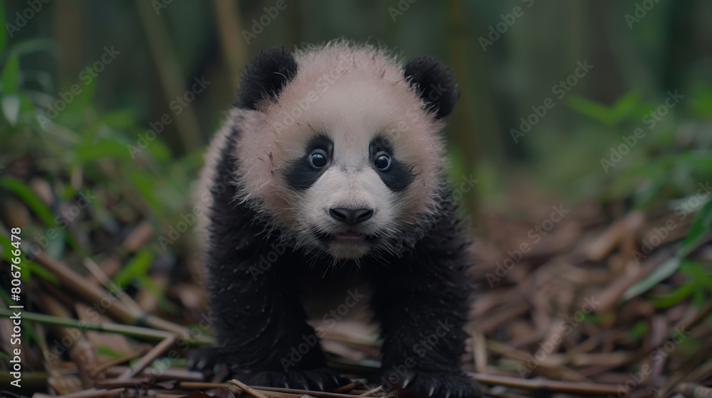 Fototapeta premium A small black-and-white panda stands atop a mound of dry grass, gazing at the camera