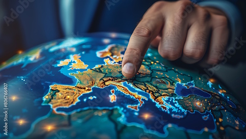 Businessman pointing at map of europe on globe.	