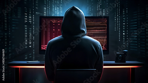 on dark room with red lights neon Back view of an anonymous person in a hoodie sitting in front of a computer working in hacking sites , scamming people , hacker style matrix ,cybersecurity hack  photo