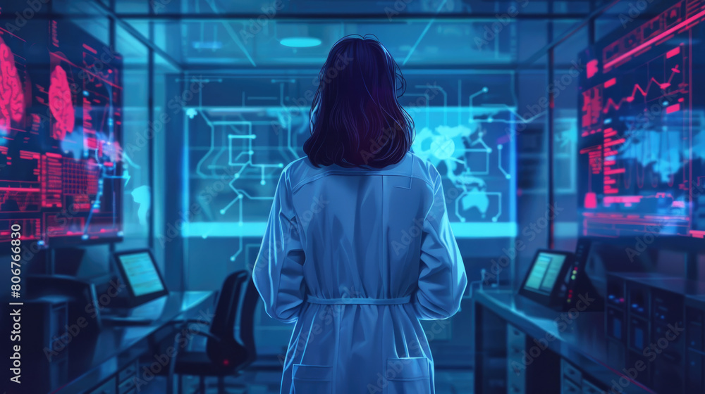 A female scientist in a white lab coat standing in front of multiple computer screens, analyzing data and conducting research in a laboratory setting A female scientist in a white lab coat standing in front of multiple computer screens, analyzing data and conducting research in a laboratory setting