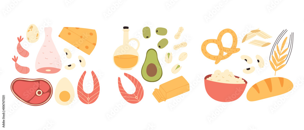 Set of healthy macronutrients. proteins, fats and carbs or carbohydrates presented by food products. Set of healthy macronutrients. proteins, fats and carbs or carbohydrates presented by food products.