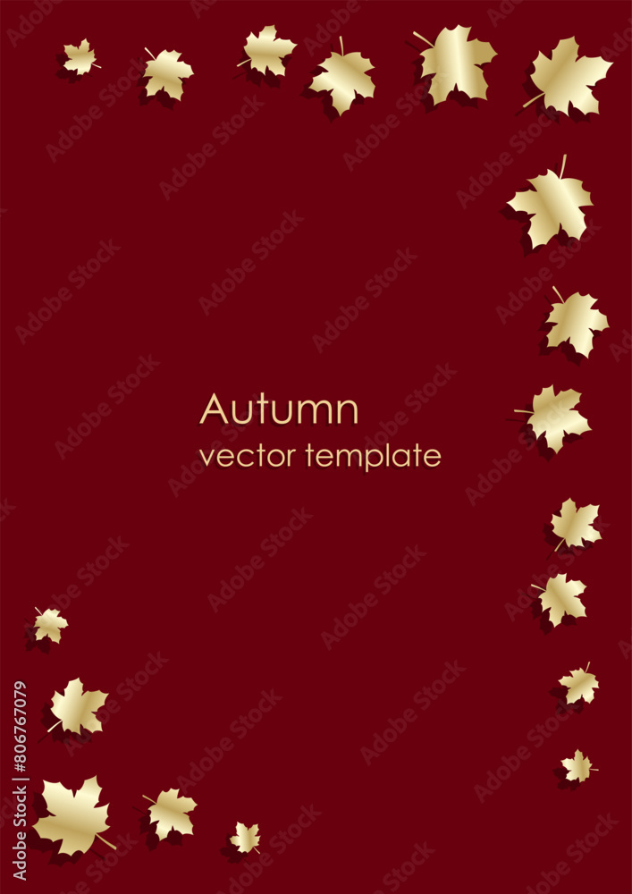 Vertical greeting card with corner frame of golden autumn leaves on dark red background. Dry maple leaves, minimalist design. Vector template with copy space for postcard, banner, flyer, cover. Vertical greeting card with corner frame of golden autumn leaves on dark red background. Dry maple leaves, minimalist design. Vector template with copy space for postcard, banner, flyer, cover.