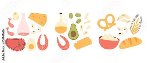 Set of healthy macronutrients. proteins, fats and carbs or carbohydrates presented by food products.