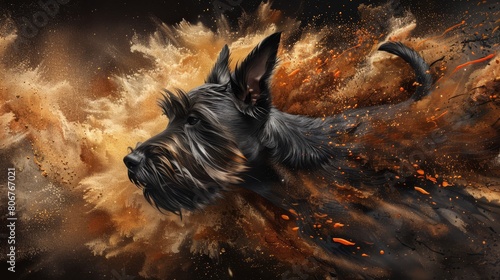   A painting of a dog's head with smoke emanating from behind in hues of orange and yellow photo