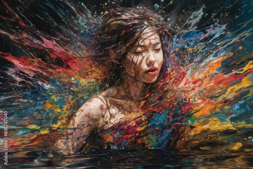 A painting depicting a woman gracefully swimming in the water, surrounded by ripples and reflections under the sunlight