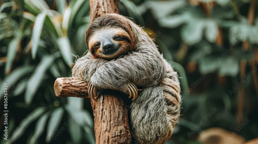   Three-toed sloth gracefully clings to tree branch against lush tropical greenery backdrop