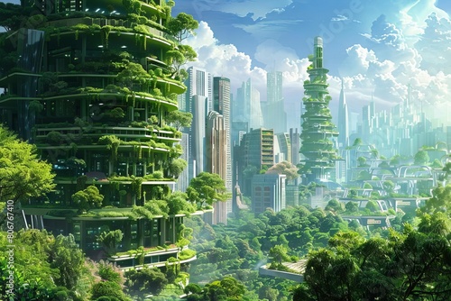 ecofuturistic urban cityscape abundant with lush greenery parks and green spaces digital illustration