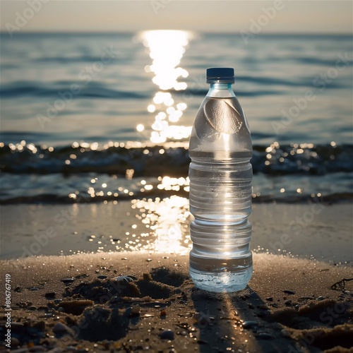 A bottle of water stands on the seashore