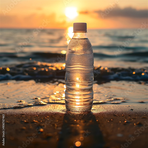 A bottle of water stands on the seashore