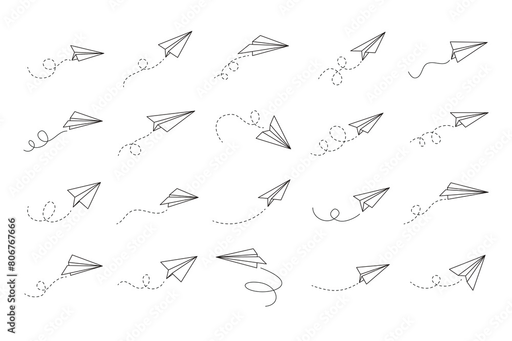 Hand drawn doodle paper plane set. isolated planes flight path. Line airplane icon travel, route. Hand drawn doodle paper plane set. isolated planes flight path. Line airplane icon travel, route.