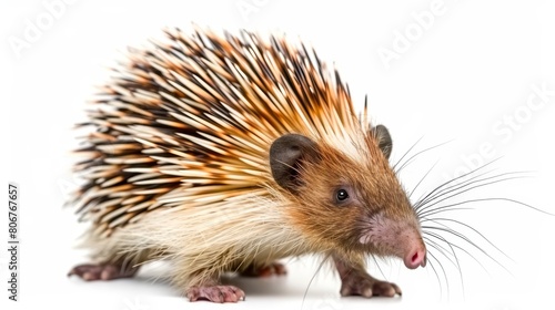   A brown and white porcupine stands on hind legs  gazing at the camera against a white backdrop