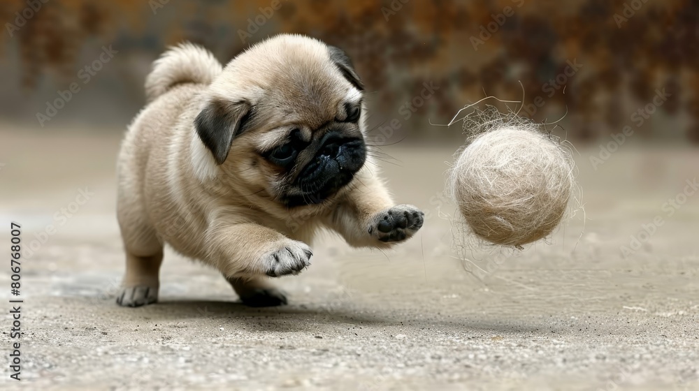 Obraz premium A tiny Pug toyily engages with a ball of wool on a concrete floor, surrounded by a brick wall