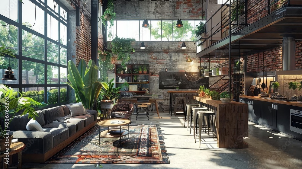 urban loft with industrial minimalist aesthetic featuring a brown couch, wood stool, and green plants on a multi - colored rug the space is illuminated by a hanging light and features a large urban loft with industrial minimalist aesthetic featuring a brown couch, wood stool, and green plants on a multi - colored rug the space is illuminated by a hanging light and features a large