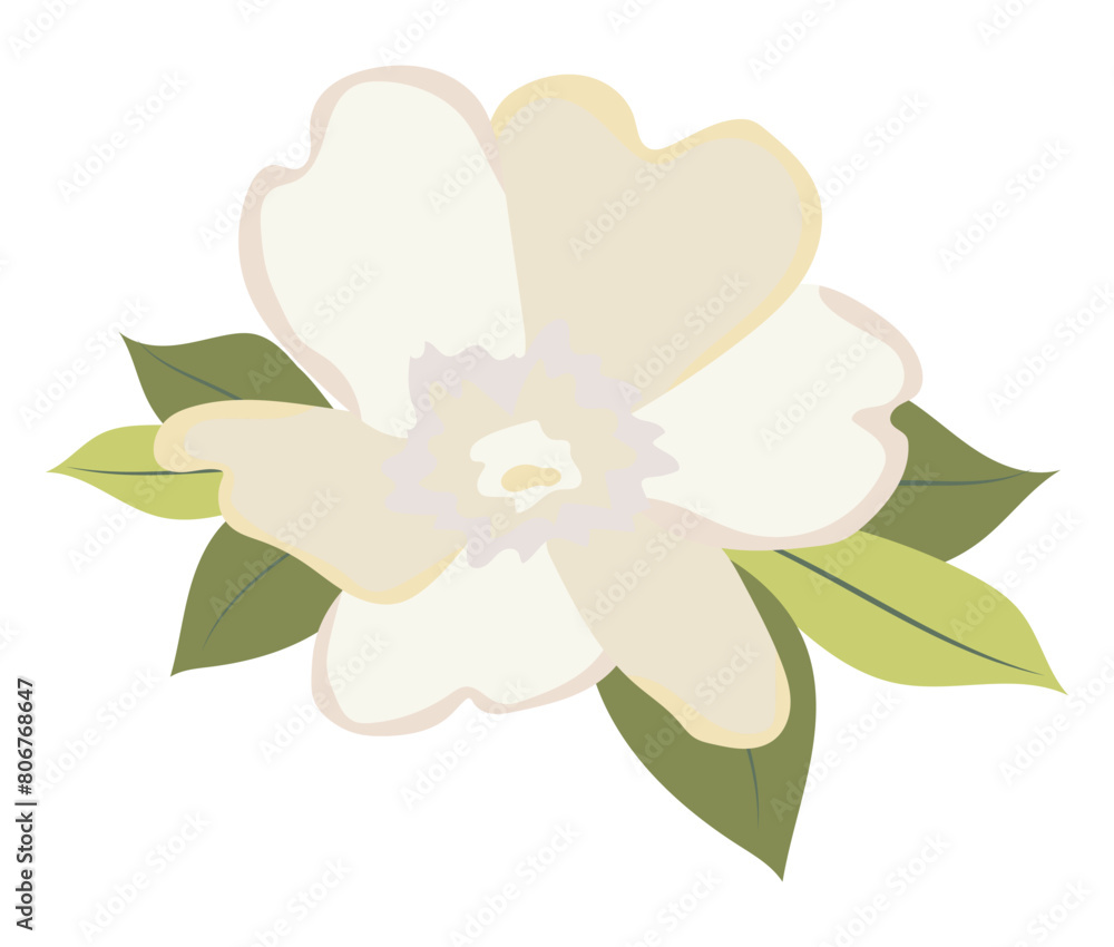 Fototapeta premium Abstract white peony head in flat design. Wedding blossom with leaves. Vector illustration isolated.