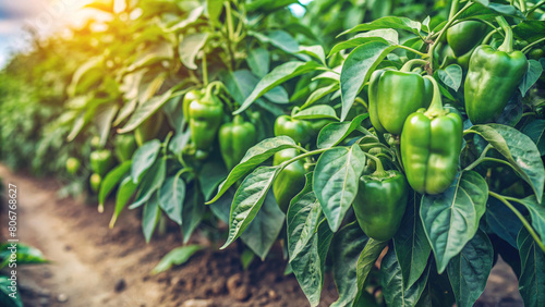 A vibrant display of ripe green peppers nestled among lush green leaves in a home farm’s garden. The image beautifully captures the bounty of nature and the joy of home gardening.