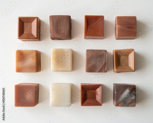 Twelve blocks of various shades of brown are arranged in four rows of three on a white surface. photo