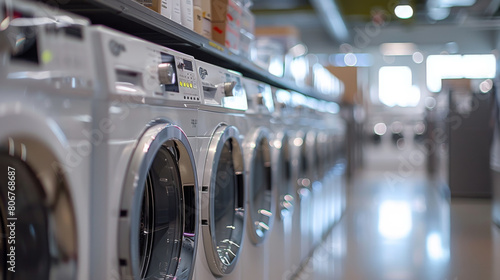 A row of sleek, modern washing machines displayed in an appliance store, showcasing the latest models.
