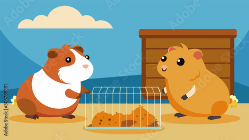 A pair of guinea pigs playing happily in their cage unaware of any potential pest threats due to the use of ultrasonic repellers within their living. Vector illustration
