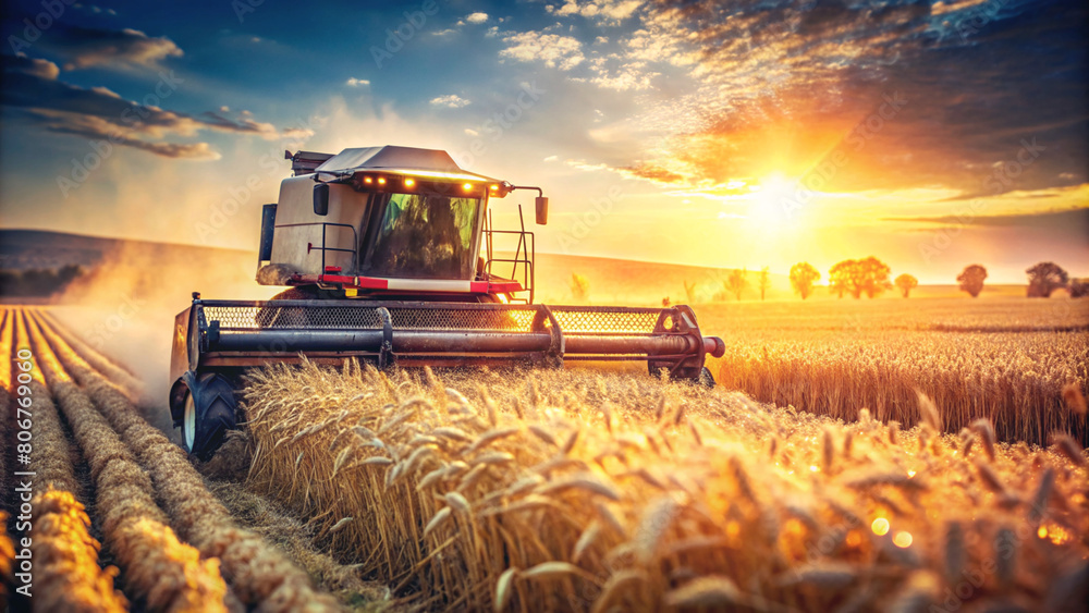 A combine harvester, bathed in the warm glow of the setting sun, reaps wheat in a sprawling field. The image beautifully captures the essence of harvest season. A combine harvester, bathed in the warm glow of the setting sun, reaps wheat in a sprawling field. The image beautifully captures the essence of harvest season.