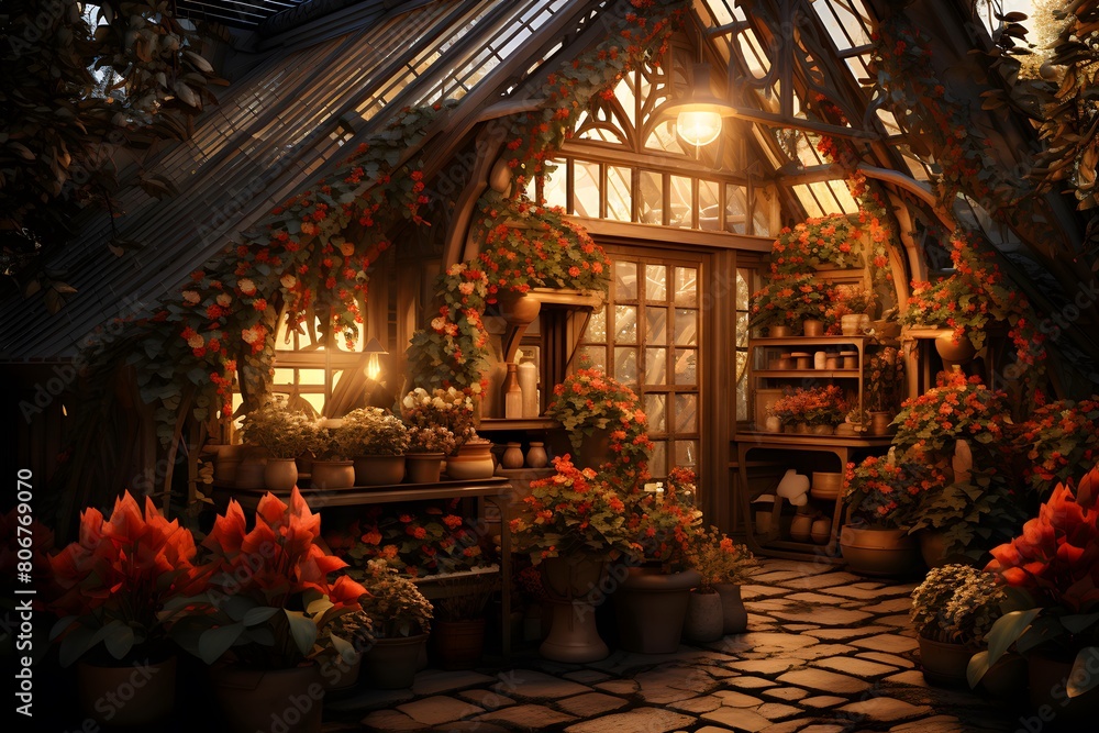 Autumn garden with pumpkins and plants. 3d rendering.