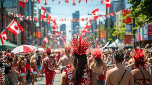 A lively street parade featuring participants in striking red attire, celebrating with music and dance.