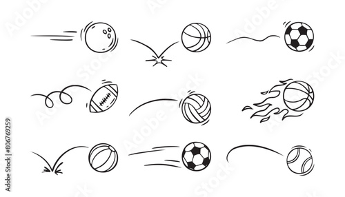  Doodle sport ball trajectory bounce collection. Line hand drawn balls set