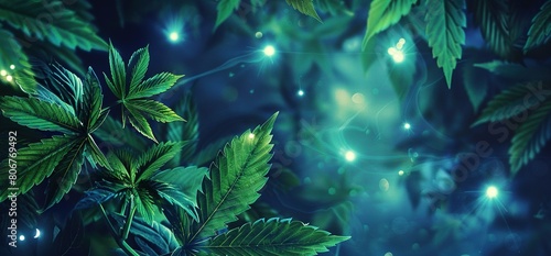 Green cannabis leaves in the foreground, glowing green light is shining from behind them, blue background.