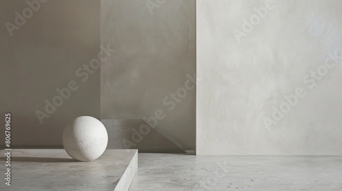 A large white sphere sits on a concrete plinth in a beige room with a stepped wall.